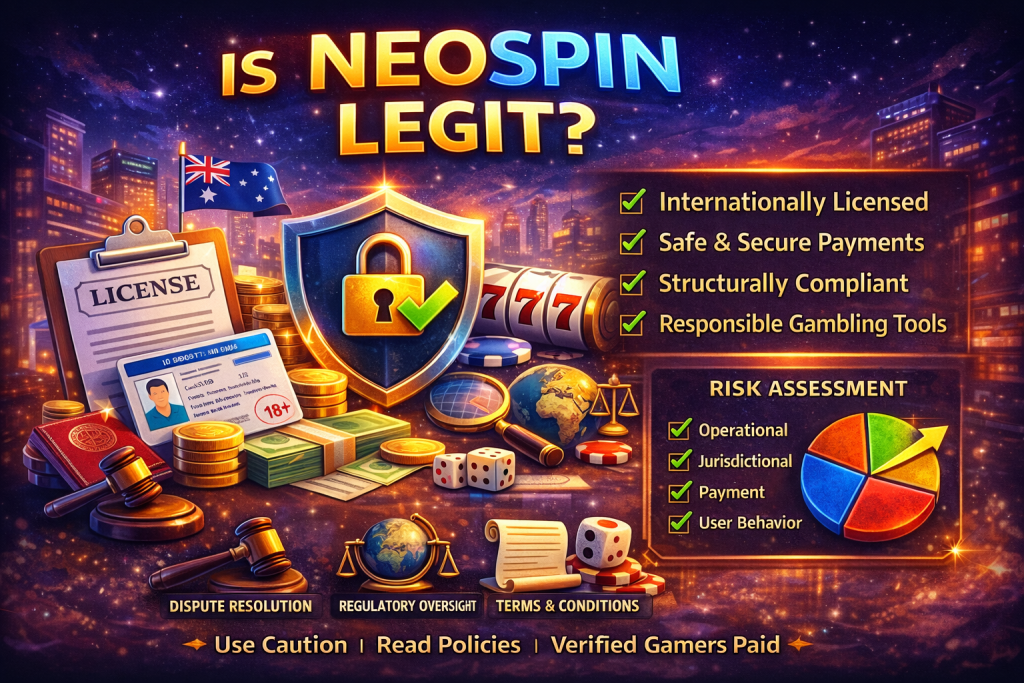 Neospin Casino legitimacy banner featuring a security shield, license document, Australian flag, casino elements, and compliance symbols in a horizontal layout.