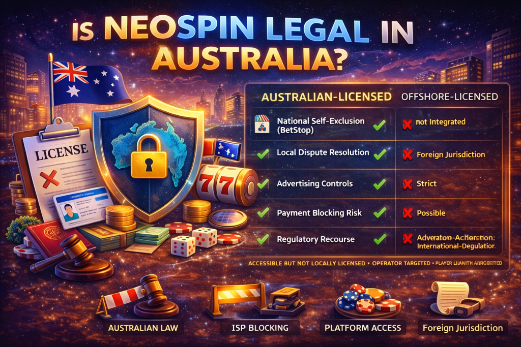 Is Neospin legal in Australia infographic comparing Australian-licensed and offshore online casino operators with regulatory differences and legal context.