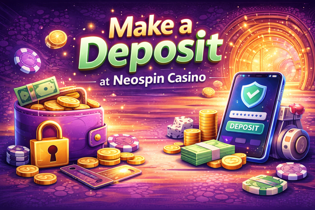 Colorful horizontal banner for Neospin Casino deposit page featuring a secure wallet, gold coins, payment card, and mobile phone with deposit button on a vibrant purple casino background.