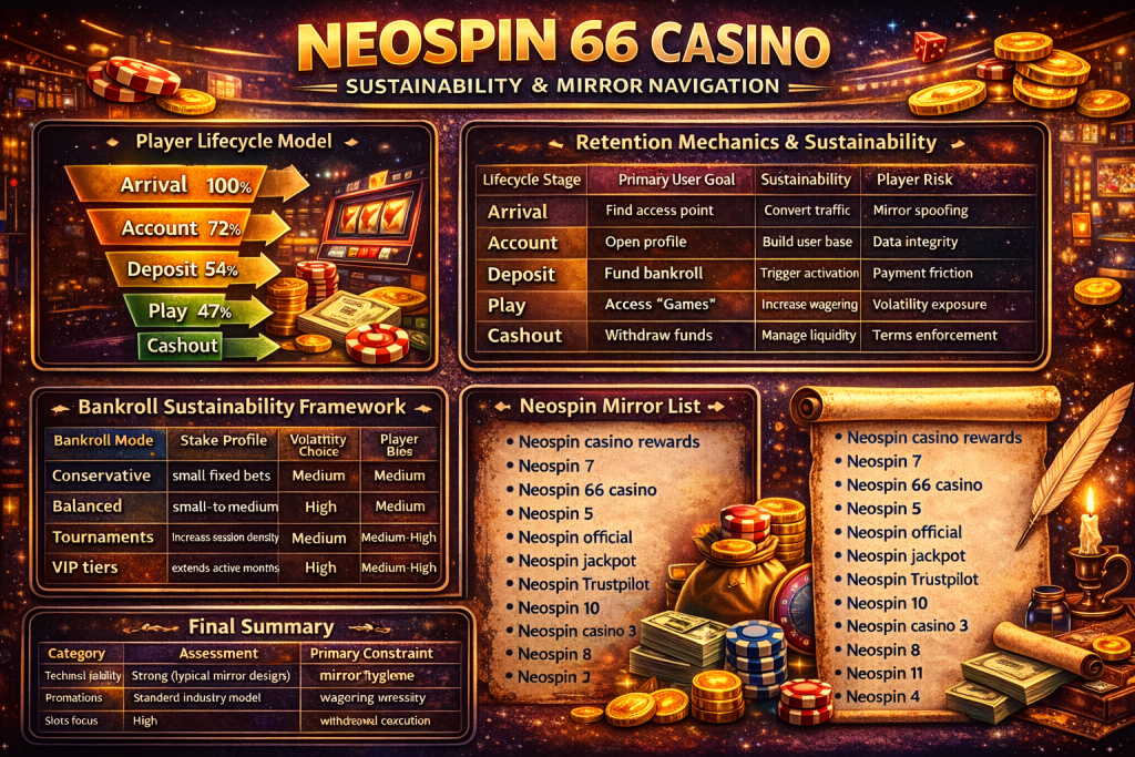 Horizontal infographic for Neospin 66 Casino showing bonus structure, wagering model, RTP vs volatility chart, payment security overview, player lifecycle stages, and mirror navigation list.