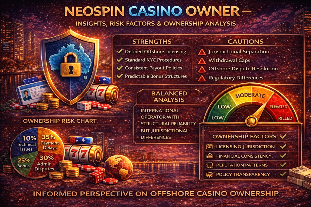 Neospin Casino Owner horizontal banner with casino skyline, security shield, gaming chips, and gold-themed design illustrating offshore ownership analysis.