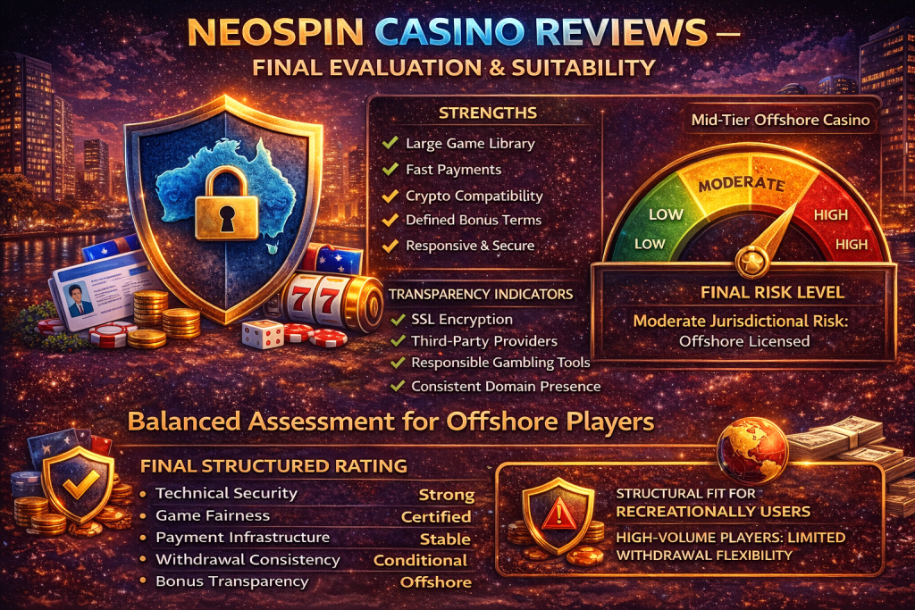 Neospin Casino Reviews promotional image featuring security shield, rating indicators, and casino-themed elements in a vibrant nighttime city backdrop.