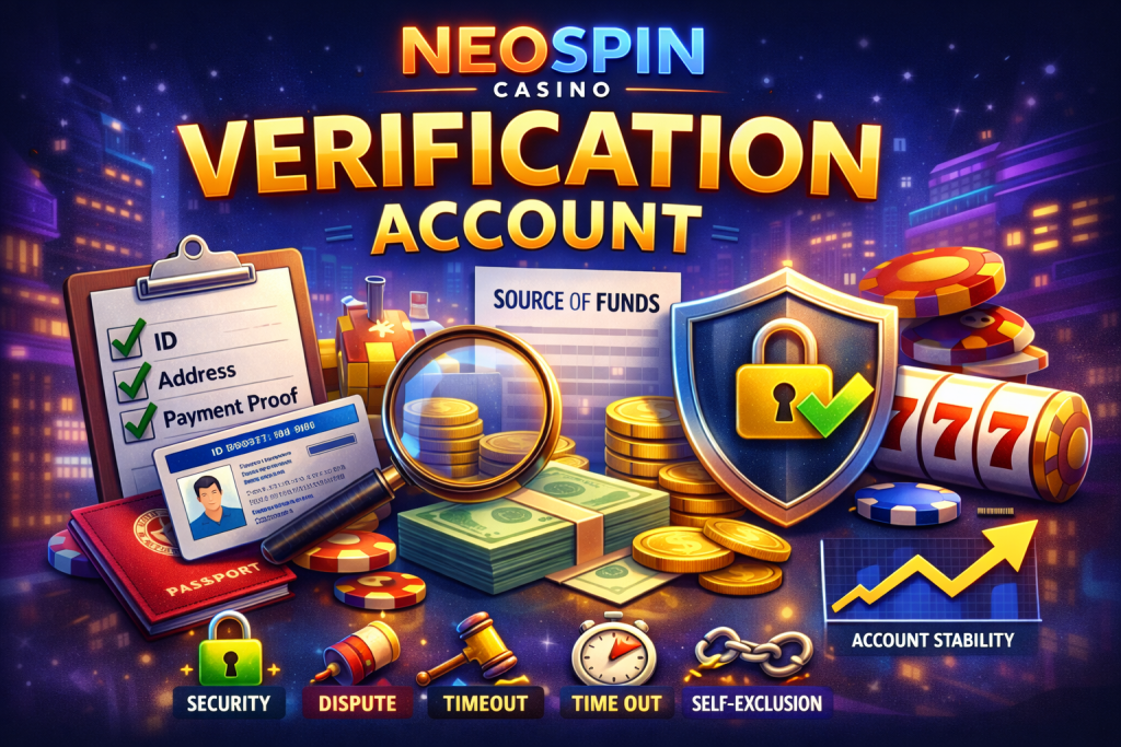 Neospin Casino Verification Account banner showing secure ID checks, document approval checklist, shield with lock icon, and financial compliance symbols on a modern casino background.