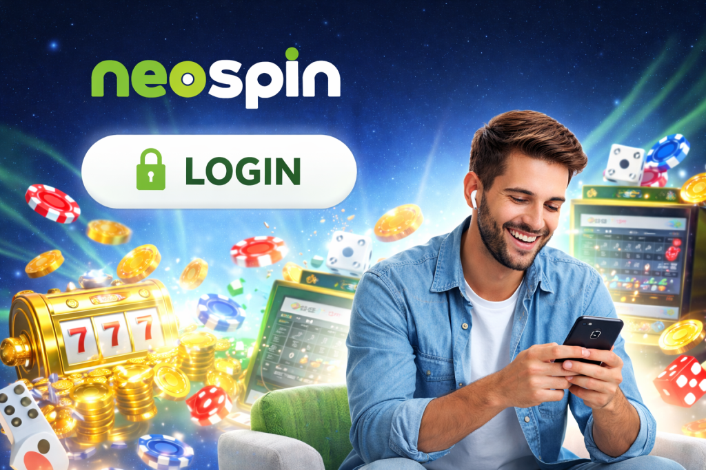 Neospin Casino login page showing secure mobile access with games and slots background
